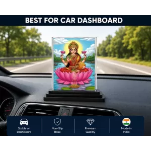 Lakshmi Acrylic Car Dashboard Showpiece | Double-Sided Lakshmi Photo Stand | 3 X 4 Inch Photo | Transparent Acrylic Frame With Black Base | Car Dashboard, Office & Table Decor (F71972)