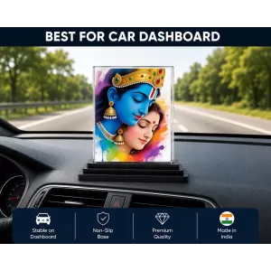 Krishna Acrylic Car Dashboard Showpiece | Double-Sided Krishna Photo Stand | 3 X 4 Inch Photo | Transparent Acrylic Frame With Black Base | Car Dashboard, Office & Table Decor (F71997)