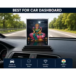 Lakshmi Acrylic Car Dashboard Showpiece | Double-Sided Lakshmi Photo Stand | 3 X 4 Inch Photo | Transparent Acrylic Frame With Black Base | Car Dashboard, Office & Table Decor (F71998)