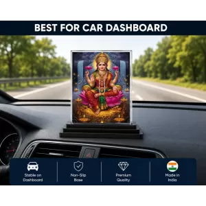 Lakshmi Acrylic Car Dashboard Showpiece | Double-Sided Lakshmi Photo Stand | 3 X 4 Inch Photo | Transparent Acrylic Frame With Black Base | Car Dashboard, Office & Table Decor (F72004)
