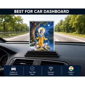 Krishna Acrylic Car Dashboard Showpiece | Double-Sided Krishna Photo Stand | 3 X 4 Inch Photo | Transparent Acrylic Frame With Black Base | Car Dashboard, Office & Table Decor (F72011)