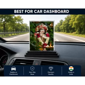 Krishna Acrylic Car Dashboard Showpiece | Double-Sided Krishna Photo Stand | 3 X 4 Inch Photo | Transparent Acrylic Frame With Black Base | Car Dashboard, Office & Table Decor (F72012)