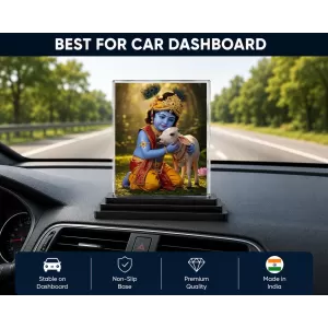 Krishna Acrylic Car Dashboard Showpiece | Double-Sided Krishna Photo Stand | 3 X 4 Inch Photo | Transparent Acrylic Frame With Black Base | Car Dashboard, Office & Table Decor (F72021)