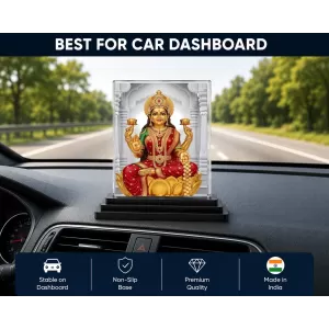 Lakshmi Acrylic Car Dashboard Showpiece | Double-Sided Lakshmi Photo Stand | 3 X 4 Inch Photo | Transparent Acrylic Frame With Black Base | Car Dashboard, Office & Table Decor (F72028)