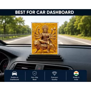 Goddess Durga Acrylic Car Dashboard Showpiece | Double-Sided Goddess Durga Photo Stand | 3 X 4 Inch Photo | Transparent Acrylic Frame With Black Base | Car Dashboard, Office & Table Decor (F72044)