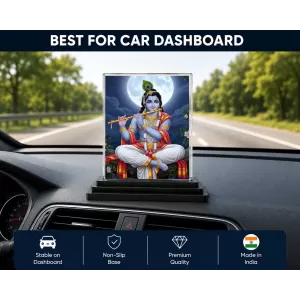 Shree Krishna Acrylic Car Dashboard Showpiece | Double-Sided Shree Krishna Photo Stand | 3 X 4 Inch Photo | Transparent Acrylic Frame With Black Base | Car Dashboard, Office & Table Decor (F72045)