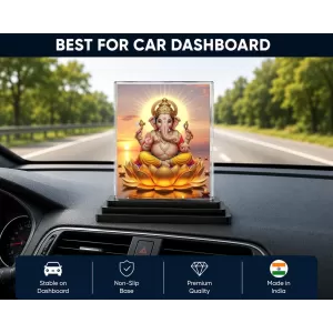 Lord Ganesha Acrylic Car Dashboard Showpiece | Double-Sided Lord Ganesha Photo Stand | 3 X 4 Inch Photo | Transparent Acrylic Frame With Black Base | Car Dashboard, Office & Table Decor (F72058)