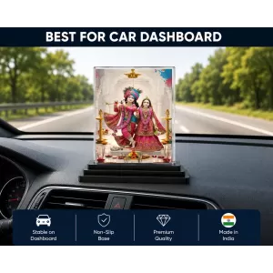 Radha Shree Krishna Acrylic Car Dashboard Showpiece | Double-Sided Radha Shree Krishna Photo Stand | 3 X 4 Inch Photo | Transparent Acrylic Frame With Black Base | Car Dashboard, Office & Table Decor (F72063)