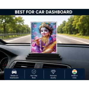 Shree Krishna Acrylic Car Dashboard Showpiece | Double-Sided Shree Krishna Photo Stand | 3 X 4 Inch Photo | Transparent Acrylic Frame With Black Base | Car Dashboard, Office & Table Decor (F72068)