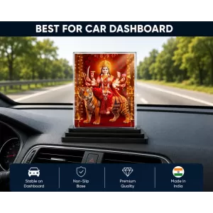 Goddess Durga Acrylic Car Dashboard Showpiece | Double-Sided Goddess Durga Photo Stand | 3 X 4 Inch Photo | Transparent Acrylic Frame With Black Base | Car Dashboard, Office & Table Decor (F72085)