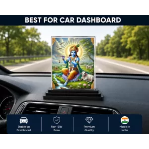Krishna Acrylic Car Dashboard Showpiece | Double-Sided Krishna Photo Stand | 3 X 4 Inch Photo | Transparent Acrylic Frame With Black Base | Car Dashboard, Office & Table Decor (F72278)