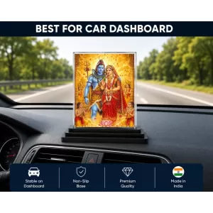 Shiva And Parvati Acrylic Car Dashboard Showpiece | Double-Sided Shiva And Parvati Photo Stand | 3 X 4 Inch Photo | Transparent Acrylic Frame With Black Base | Car Dashboard, Office & Table Decor (F72325)