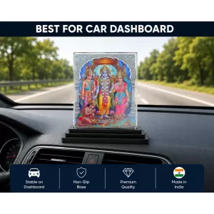 Lord Ram Darbar Acrylic Car Dashboard Showpiece | Double-Sided Lord Ram Darbar Photo Stand | 3 X 4 Inch Photo | Transparent Acrylic Frame With Black Base | Car Dashboard, Office & Table Decor (F72342)
