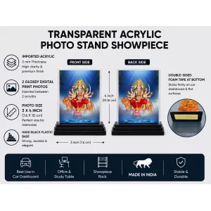 Goddess Durga Acrylic Car Dashboard Showpiece | Double-Sided Goddess Durga Photo Stand | 3 X 4 Inch Photo | Transparent Acrylic Frame With Black Base | Car Dashboard, Office & Table Decor (F70988)