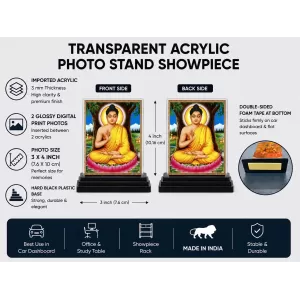 Gautama Buddha Acrylic Car Dashboard Showpiece | Double-Sided Gautama Buddha Photo Stand | 3 X 4 Inch Photo | Transparent Acrylic Frame With Black Base | Car Dashboard, Office & Table Decor (F71049)