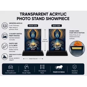 Gautama Buddha Acrylic Car Dashboard Showpiece | Double-Sided Gautama Buddha Photo Stand | 3 X 4 Inch Photo | Transparent Acrylic Frame With Black Base | Car Dashboard, Office & Table Decor (F71164)
