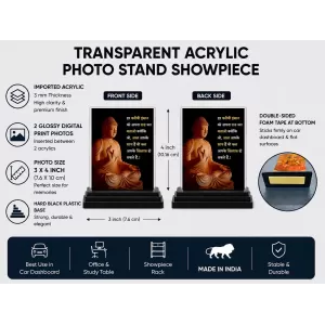 Gautama Buddha Acrylic Car Dashboard Showpiece | Double-Sided Gautama Buddha Photo Stand | 3 X 4 Inch Photo | Transparent Acrylic Frame With Black Base | Car Dashboard, Office & Table Decor (F71166)