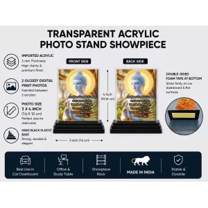 Gautama Buddha Acrylic Car Dashboard Showpiece | Double-Sided Gautama Buddha Photo Stand | 3 X 4 Inch Photo | Transparent Acrylic Frame With Black Base | Car Dashboard, Office & Table Decor (F71169)