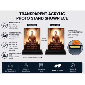 Gautama Buddha Acrylic Car Dashboard Showpiece | Double-Sided Gautama Buddha Photo Stand | 3 X 4 Inch Photo | Transparent Acrylic Frame With Black Base | Car Dashboard, Office & Table Decor (F71170)
