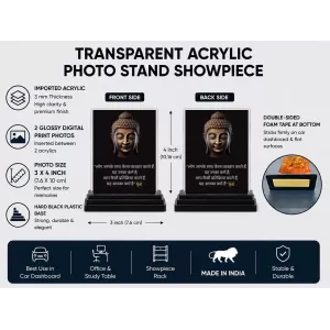 Gautama Buddha Acrylic Car Dashboard Showpiece | Double-Sided Gautama Buddha Photo Stand | 3 X 4 Inch Photo | Transparent Acrylic Frame With Black Base | Car Dashboard, Office & Table Decor (F71171)