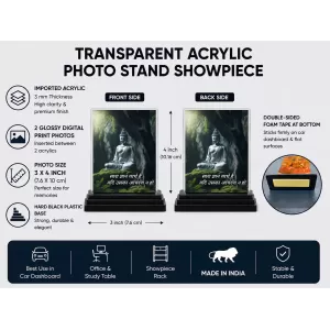 Gautama Buddha Acrylic Car Dashboard Showpiece | Double-Sided Gautama Buddha Photo Stand | 3 X 4 Inch Photo | Transparent Acrylic Frame With Black Base | Car Dashboard, Office & Table Decor (F71172)