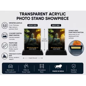 Gautama Buddha Acrylic Car Dashboard Showpiece | Double-Sided Gautama Buddha Photo Stand | 3 X 4 Inch Photo | Transparent Acrylic Frame With Black Base | Car Dashboard, Office & Table Decor (F71175)