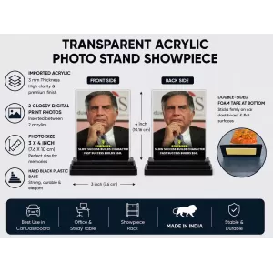 Shree Ratan Tata Acrylic Car Dashboard Showpiece | Double-Sided Shree Ratan Tata Photo Stand | 3 X 4 Inch Photo | Transparent Acrylic Frame With Black Base | Car Dashboard, Office & Table Decor (F71181) Shree Ratan Tata Acrylic Car Dashboard Showpiece | Double-Sided Shree Ratan Tata Photo Stand | 3 X 4 Inch Photo | Transparent Acrylic Frame With Black Base | Car Dashboard, Office & Table Decor (F71181)