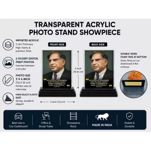 Shree Ratan Tata Acrylic Car Dashboard Showpiece | Double-Sided Shree Ratan Tata Photo Stand | 3 X 4 Inch Photo | Transparent Acrylic Frame With Black Base | Car Dashboard, Office & Table Decor (F71182) Shree Ratan Tata Acrylic Car Dashboard Showpiece | Double-Sided Shree Ratan Tata Photo Stand | 3 X 4 Inch Photo | Transparent Acrylic Frame With Black Base | Car Dashboard, Office & Table Decor (F71182)