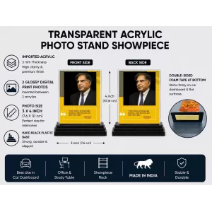 Shree Ratan Tata Acrylic Car Dashboard Showpiece | Double-Sided Shree Ratan Tata Photo Stand | 3 X 4 Inch Photo | Transparent Acrylic Frame With Black Base | Car Dashboard, Office & Table Decor (F71183) Shree Ratan Tata Acrylic Car Dashboard Showpiece | Double-Sided Shree Ratan Tata Photo Stand | 3 X 4 Inch Photo | Transparent Acrylic Frame With Black Base | Car Dashboard, Office & Table Decor (F71183)