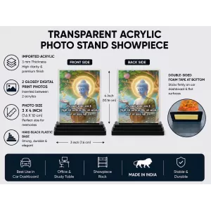 Gautama Buddha Acrylic Car Dashboard Showpiece | Double-Sided Gautama Buddha Photo Stand | 3 X 4 Inch Photo | Transparent Acrylic Frame With Black Base | Car Dashboard, Office & Table Decor (F71211)