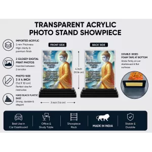 Gautama Buddha Acrylic Car Dashboard Showpiece | Double-Sided Gautama Buddha Photo Stand | 3 X 4 Inch Photo | Transparent Acrylic Frame With Black Base | Car Dashboard, Office & Table Decor (F71212)
