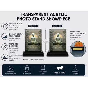 Gautama Buddha Acrylic Car Dashboard Showpiece | Double-Sided Gautama Buddha Photo Stand | 3 X 4 Inch Photo | Transparent Acrylic Frame With Black Base | Car Dashboard, Office & Table Decor (F71214)