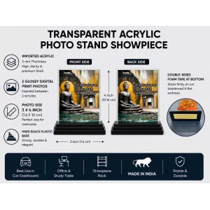 Gautama Buddha Acrylic Car Dashboard Showpiece | Double-Sided Gautama Buddha Photo Stand | 3 X 4 Inch Photo | Transparent Acrylic Frame With Black Base | Car Dashboard, Office & Table Decor (F71215)