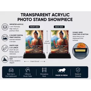 Gautama Buddha Acrylic Car Dashboard Showpiece | Double-Sided Gautama Buddha Photo Stand | 3 X 4 Inch Photo | Transparent Acrylic Frame With Black Base | Car Dashboard, Office & Table Decor (F71216)