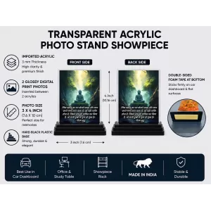 Gautama Buddha Acrylic Car Dashboard Showpiece | Double-Sided Gautama Buddha Photo Stand | 3 X 4 Inch Photo | Transparent Acrylic Frame With Black Base | Car Dashboard, Office & Table Decor (F71217)