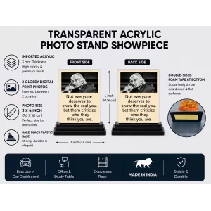 Abdul Kalam Acrylic Car Dashboard Showpiece | Double-Sided Abdul Kalam Photo Stand | 3 X 4 Inch Photo | Transparent Acrylic Frame With Black Base | Car Dashboard, Office & Table Decor (F71259)