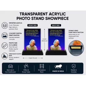 A. P. J. Abdul Kalam Acrylic Car Dashboard Showpiece | Double-Sided A. P. J. Abdul Kalam Photo Stand | 3 X 4 Inch Photo | Transparent Acrylic Frame With Black Base | Car Dashboard, Office & Table Decor (F71264) A. P. J. Abdul Kalam Acrylic Car Dashboard Showpiece | Double-Sided A. P. J. Abdul Kalam Photo Stand | 3 X 4 Inch Photo | Transparent Acrylic Frame With Black Base | Car Dashboard, Office & Table Decor (F71264)