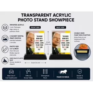 Abdul Kalam Acrylic Car Dashboard Showpiece | Double-Sided Abdul Kalam Photo Stand | 3 X 4 Inch Photo | Transparent Acrylic Frame With Black Base | Car Dashboard, Office & Table Decor (F71265)
