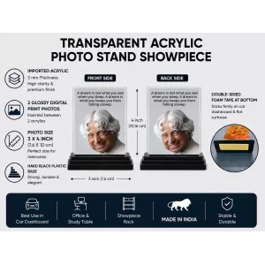 Abdul Kalam Acrylic Car Dashboard Showpiece | Double-Sided Abdul Kalam Photo Stand | 3 X 4 Inch Photo | Transparent Acrylic Frame With Black Base | Car Dashboard, Office & Table Decor (F71268)