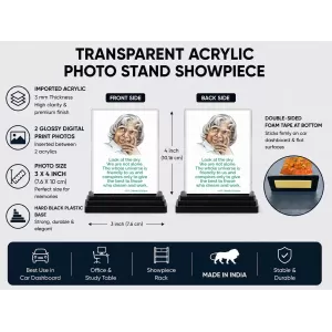 A P J Abdul Kalam Acrylic Car Dashboard Showpiece | Double-Sided A P J Abdul Kalam Photo Stand | 3 X 4 Inch Photo | Transparent Acrylic Frame With Black Base | Car Dashboard, Office & Table Decor (F71270)