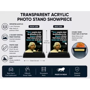 A.P.J. Abdul Kalam Acrylic Car Dashboard Showpiece | Double-Sided A.P.J. Abdul Kalam Photo Stand | 3 X 4 Inch Photo | Transparent Acrylic Frame With Black Base | Car Dashboard, Office & Table Decor (F71271)