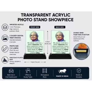 Abdul Kalam Acrylic Car Dashboard Showpiece | Double-Sided Abdul Kalam Photo Stand | 3 X 4 Inch Photo | Transparent Acrylic Frame With Black Base | Car Dashboard, Office & Table Decor (F71274) Abdul Kalam Acrylic Car Dashboard Showpiece | Double-Sided Abdul Kalam Photo Stand | 3 X 4 Inch Photo | Transparent Acrylic Frame With Black Base | Car Dashboard, Office & Table Decor (F71274)