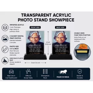 A. P. J. Abdul Kalam Acrylic Car Dashboard Showpiece | Double-Sided A. P. J. Abdul Kalam Photo Stand | 3 X 4 Inch Photo | Transparent Acrylic Frame With Black Base | Car Dashboard, Office & Table Decor (F71275) A. P. J. Abdul Kalam Acrylic Car Dashboard Showpiece | Double-Sided A. P. J. Abdul Kalam Photo Stand | 3 X 4 Inch Photo | Transparent Acrylic Frame With Black Base | Car Dashboard, Office & Table Decor (F71275)