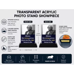 Abdul Kalam Acrylic Car Dashboard Showpiece | Double-Sided Abdul Kalam Photo Stand | 3 X 4 Inch Photo | Transparent Acrylic Frame With Black Base | Car Dashboard, Office & Table Decor (F71276)