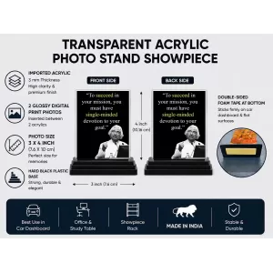 Abdul Kalam Acrylic Car Dashboard Showpiece | Double-Sided Abdul Kalam Photo Stand | 3 X 4 Inch Photo | Transparent Acrylic Frame With Black Base | Car Dashboard, Office & Table Decor (F71279)