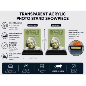 A.P.J. Abdul Kalam Acrylic Car Dashboard Showpiece | Double-Sided A.P.J. Abdul Kalam Photo Stand | 3 X 4 Inch Photo | Transparent Acrylic Frame With Black Base | Car Dashboard, Office & Table Decor (F71280)