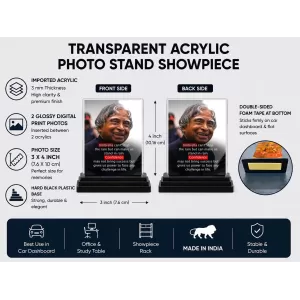 Abdul Kalam Acrylic Car Dashboard Showpiece | Double-Sided Abdul Kalam Photo Stand | 3 X 4 Inch Photo | Transparent Acrylic Frame With Black Base | Car Dashboard, Office & Table Decor (F71285)