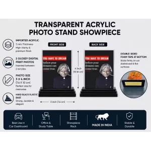 Abdul Kalam Acrylic Car Dashboard Showpiece | Double-Sided Abdul Kalam Photo Stand | 3 X 4 Inch Photo | Transparent Acrylic Frame With Black Base | Car Dashboard, Office & Table Decor (F71287) Abdul Kalam Acrylic Car Dashboard Showpiece | Double-Sided Abdul Kalam Photo Stand | 3 X 4 Inch Photo | Transparent Acrylic Frame With Black Base | Car Dashboard, Office & Table Decor (F71287)