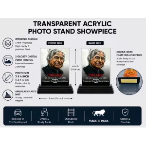 Abdul Kalam Acrylic Car Dashboard Showpiece | Double-Sided Abdul Kalam Photo Stand | 3 X 4 Inch Photo | Transparent Acrylic Frame With Black Base | Car Dashboard, Office & Table Decor (F71288) Abdul Kalam Acrylic Car Dashboard Showpiece | Double-Sided Abdul Kalam Photo Stand | 3 X 4 Inch Photo | Transparent Acrylic Frame With Black Base | Car Dashboard, Office & Table Decor (F71288)