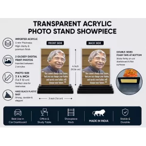 Abdul Kalam Acrylic Car Dashboard Showpiece | Double-Sided Abdul Kalam Photo Stand | 3 X 4 Inch Photo | Transparent Acrylic Frame With Black Base | Car Dashboard, Office & Table Decor (F71299)